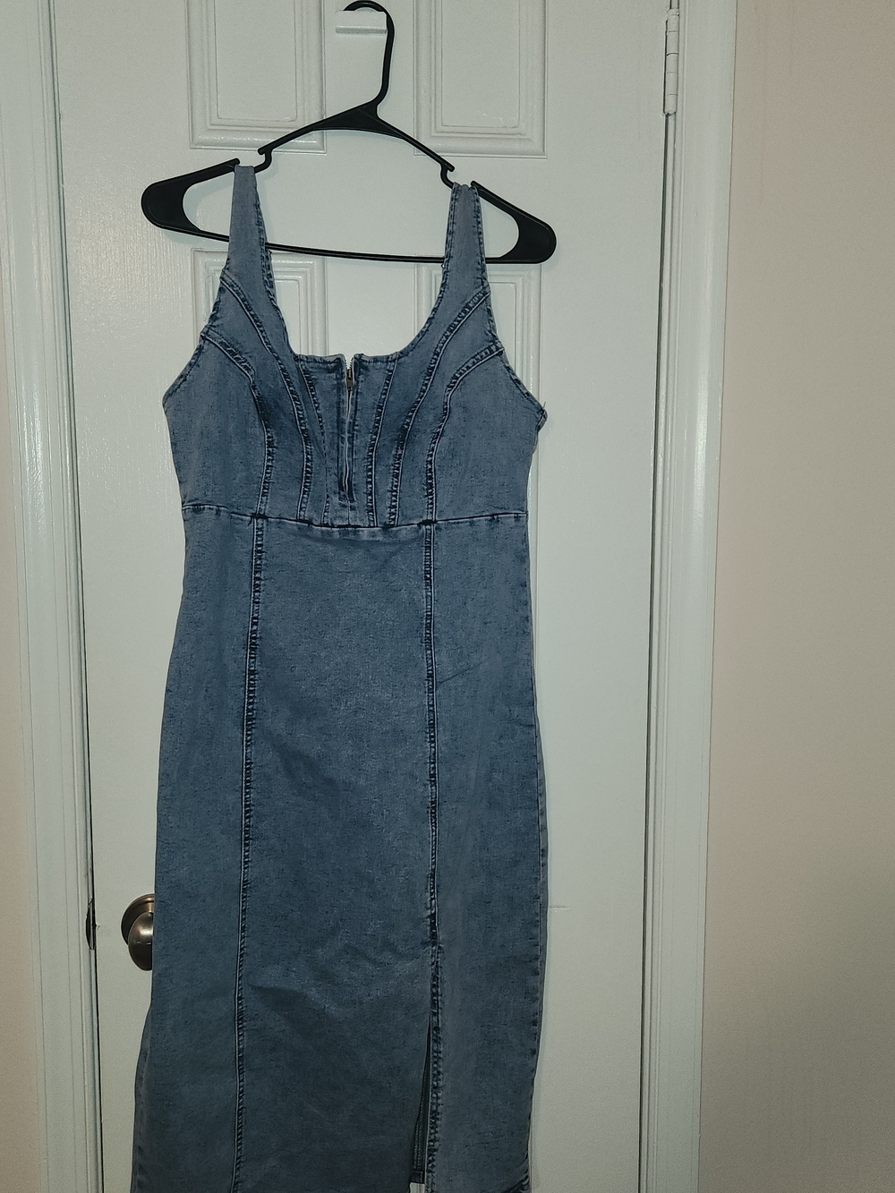 Denim Midi Dress with Front Zip - Blue